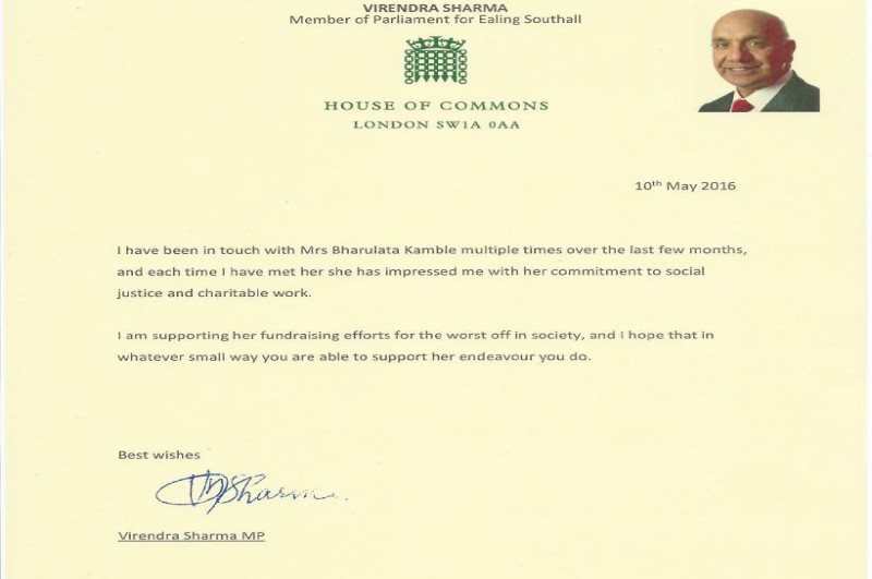 Fundraising support letter from the honourable MP Mr Virendra Sharma