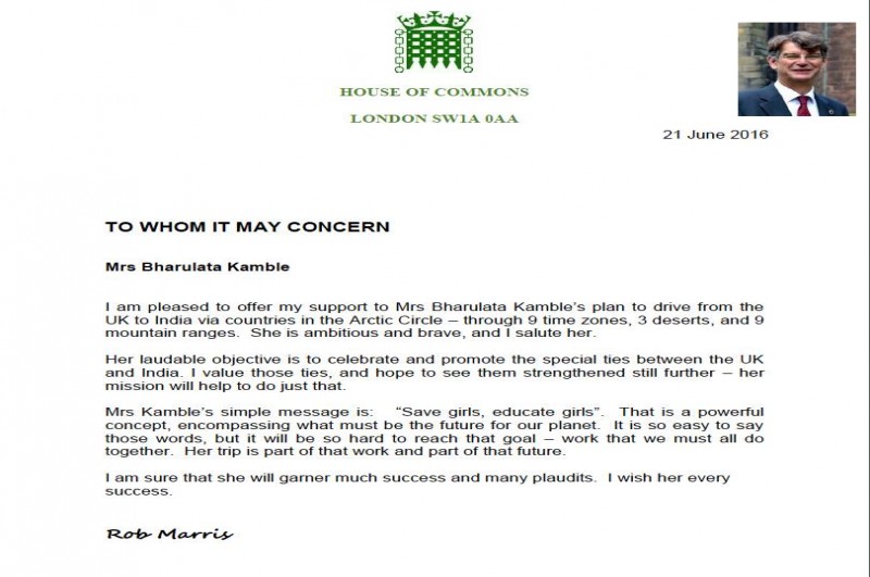 Letter of support from the honourable MP Mr Rob Morris, Wolverhampton South West, UK.